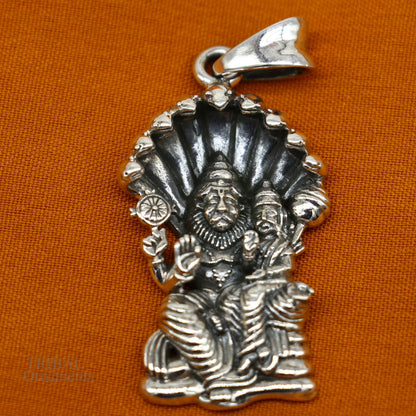 Sterling silver Vishnu with Laxmi pendant, unisex handmade jewelry, detailed tribal design, personalized Narsimha religious pendant.