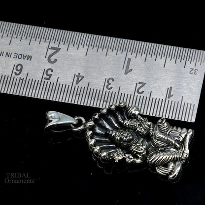 Unisex 925 sterling silver Vishnu with Laxmi Narsimha pendant, handcrafted tribal jewelry with detailed deity design.