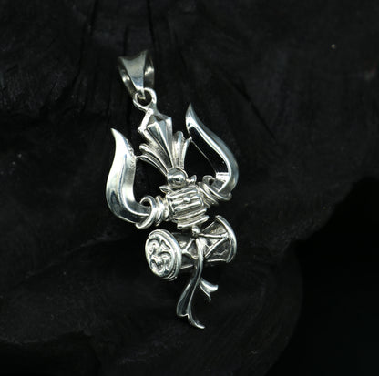 925 sterling silver Lord Shiva trident pendant with intricate vintage design, featuring a Hindu idol and customizable jewelry detail.