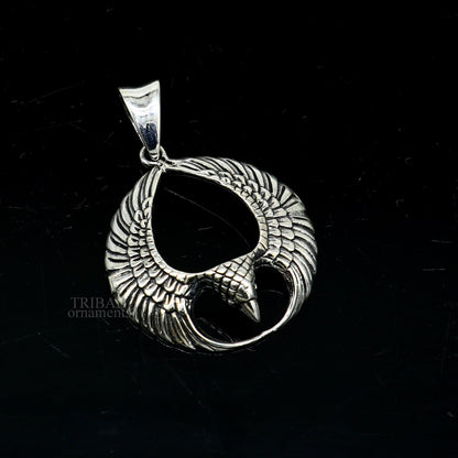 925 sterling silver Lord Vishnu vahan Garuda eagle pendant, unisex Hindu jewelry, detailed tribal ornament design.