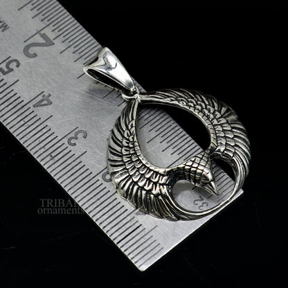 925 sterling silver Lord Vishnu vahan Garuda eagle pendant, unisex Hindu jewelry, detailed tribal ornament design.