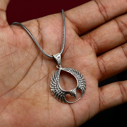 Sterling silver Lord Vishnu Vahan Garuda eagle pendant, unisex Hindu jewelry, detailed tribal ornament design.