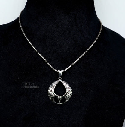 925 sterling silver Lord Vishnu vahan Garuda eagle pendant, unisex Hindu jewelry, detailed tribal ornament design.