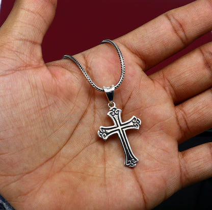 Unisex 925 sterling silver holy cross pendant with intricate tribal design, stylish jewelry from TRIBAL ORNAMENTS.