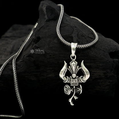 Sterling silver Lord Shiva trident pendant with intricate vintage design, crafted by TRIBAL ORNAMENTS.