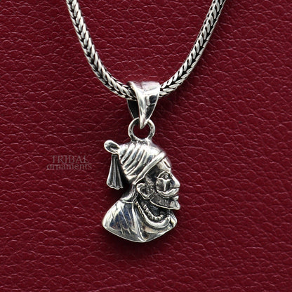 925 sterling silver Maratha King Shivaji pendant, unisex tribal jewelry with intricate royal design, solid silver craftsmanship.