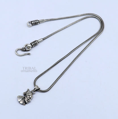 Sterling silver Maratha king Shivaji pendant, tribal unisex jewelry with intricate royal design, solid silver craftsmanship.