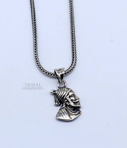 925 sterling silver Maratha king Shivaji pendant, unisex tribal jewelry with detailed royal design by TRIBAL ORNAMENTS.