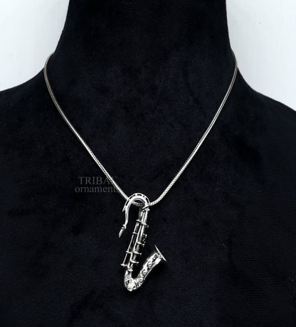 925 sterling silver small trumpet pendant, tribal ornament musical instrument jewelry for gift or personal adornment.