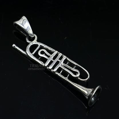 Sterling silver trumpet pendant by TRIBAL ORNAMENTS, detailed musical instrument jewelry for gift or collection.
