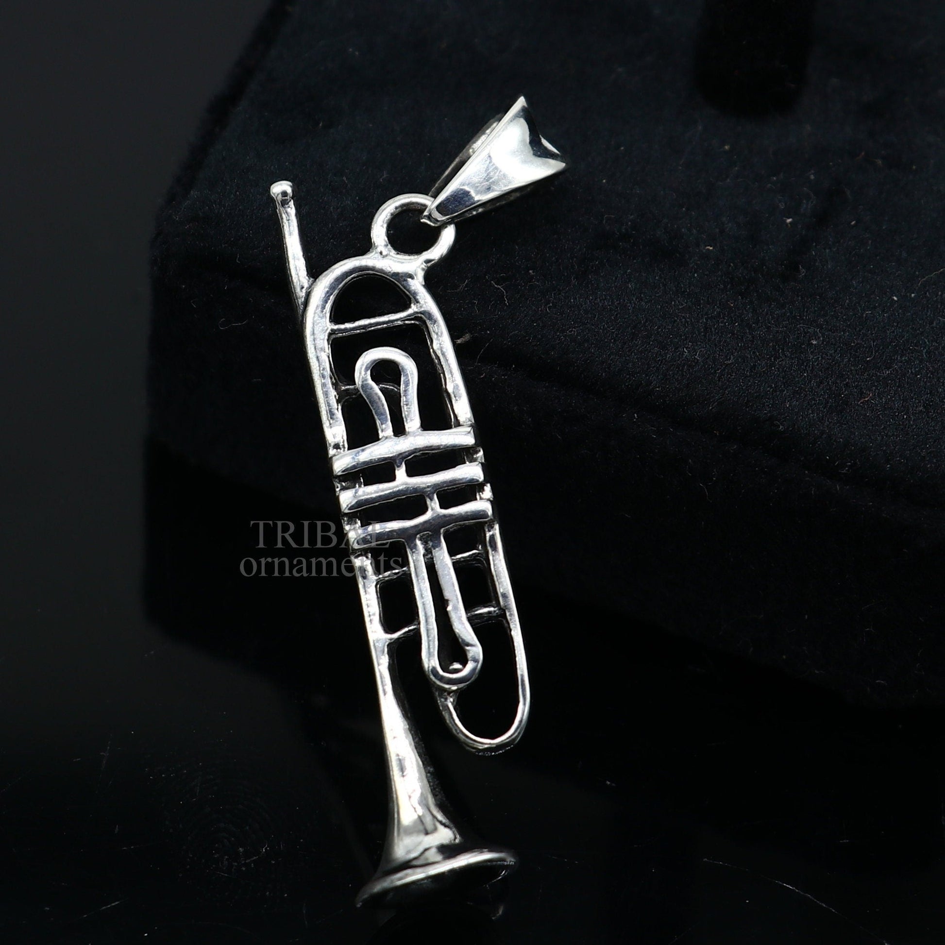925 sterling silver trumpet pendant, musical instrument jewelry by TRIBAL ORNAMENTS, detailed small cornet pendant for gift or jewelry display