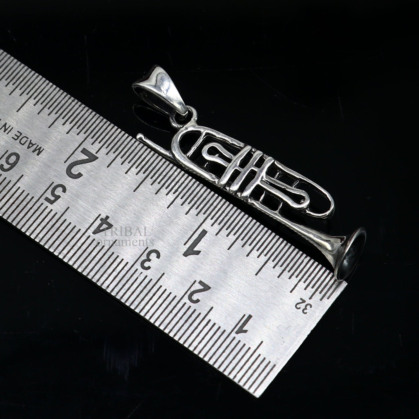 925 sterling silver trumpet or cornet pendant, tribal ornament jewelry, detailed musical instrument pendant for gift or decoration.