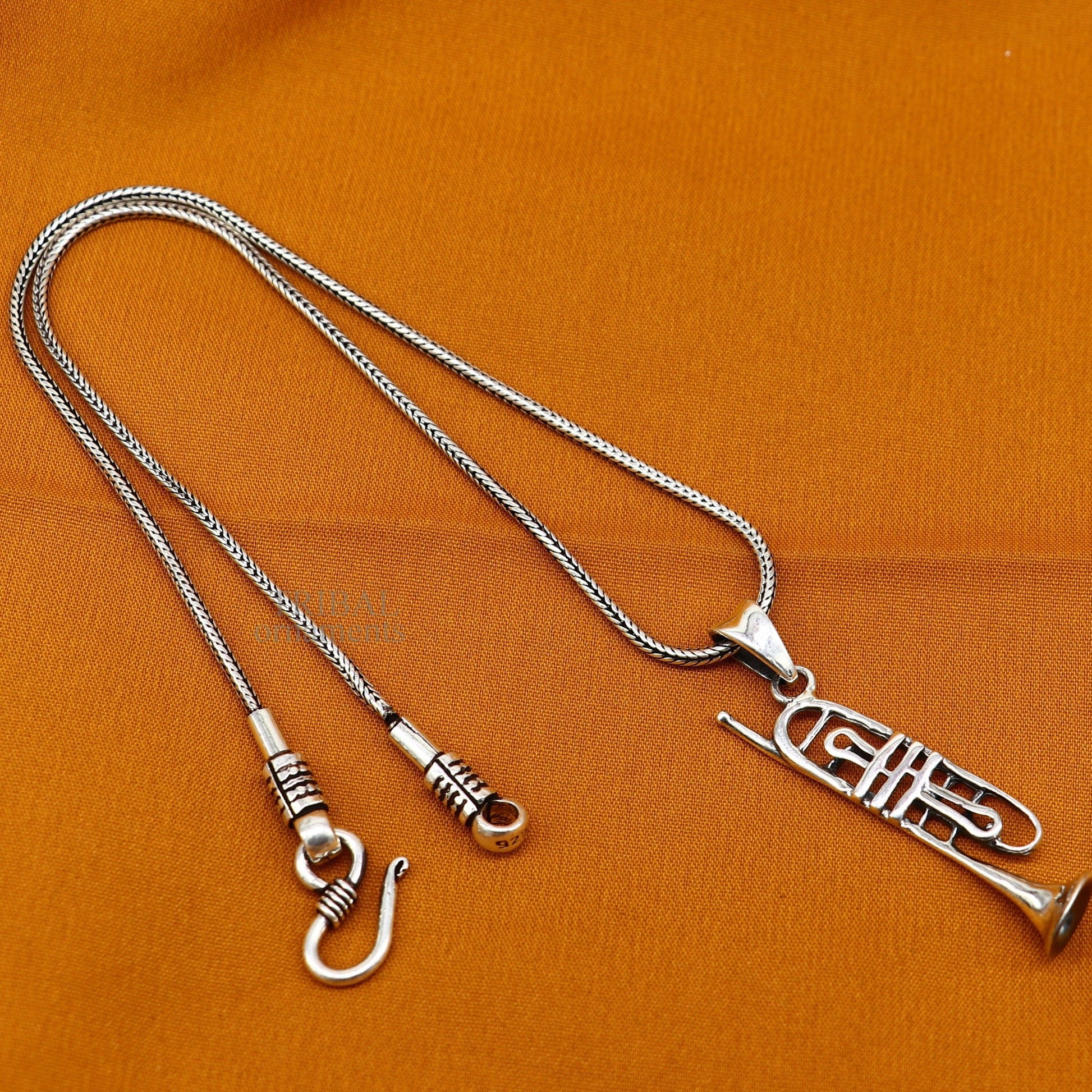 925 sterling silver trumpet pendant, detailed musical instrument jewelry by TRIBAL ORNAMENTS, perfect for music lovers and gifts.