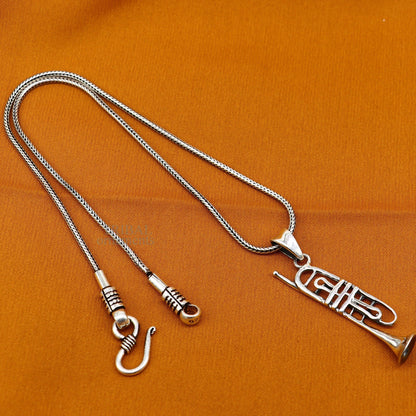 925 sterling silver trumpet pendant, detailed musical instrument jewelry by TRIBAL ORNAMENTS, perfect for music lovers and gifts.