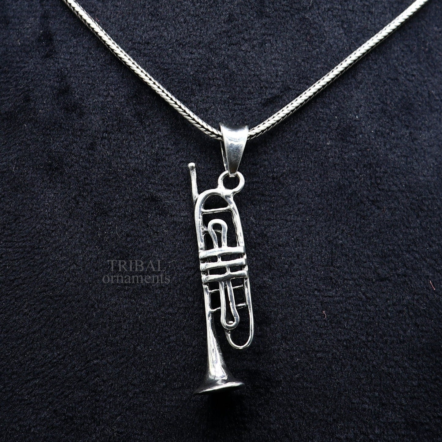 925 sterling silver trumpet pendant, tribal ornaments jewelry, detailed musical instrument charm for necklace or gift.