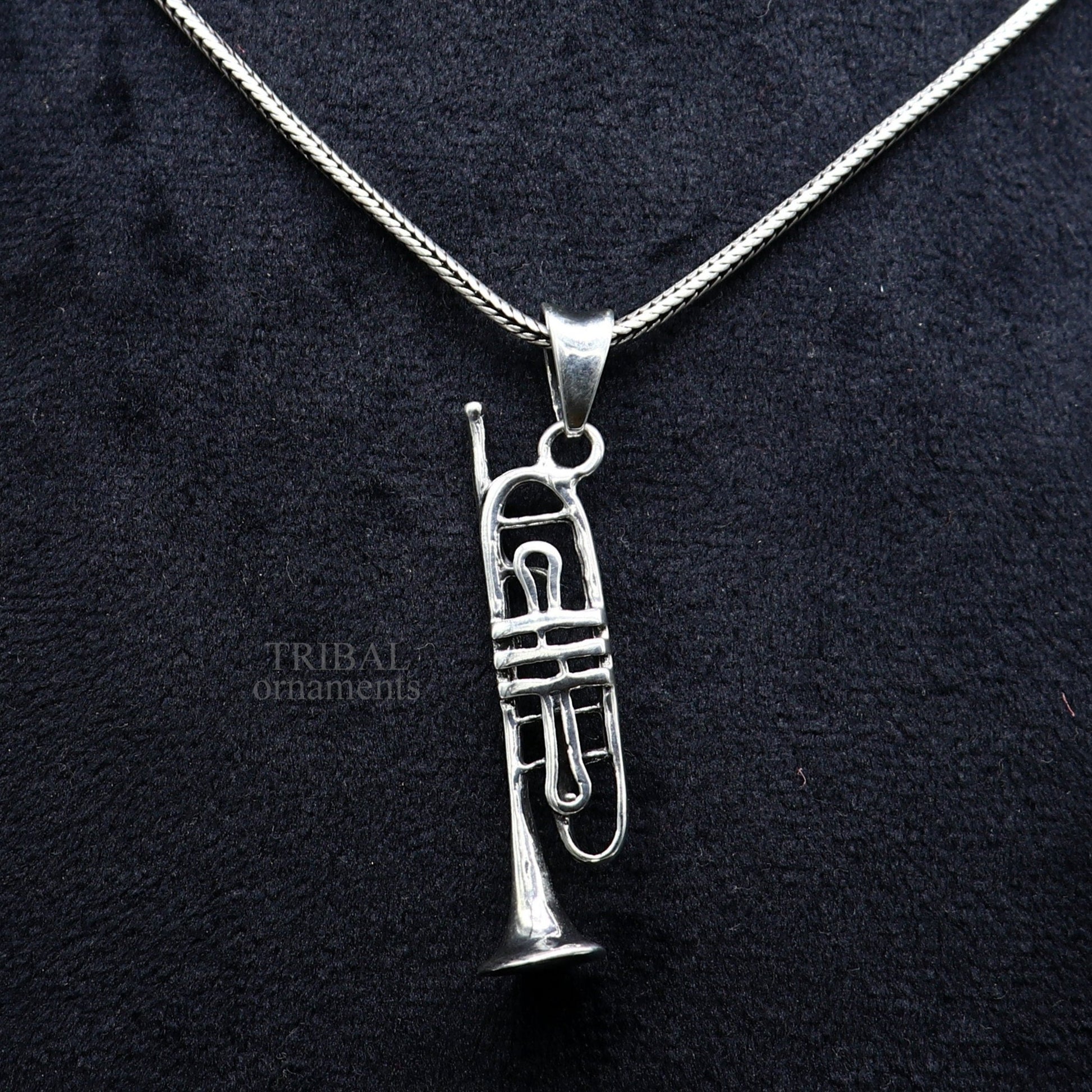 925 sterling silver trumpet pendant, tribal ornaments jewelry, detailed musical instrument charm for necklace or gift.