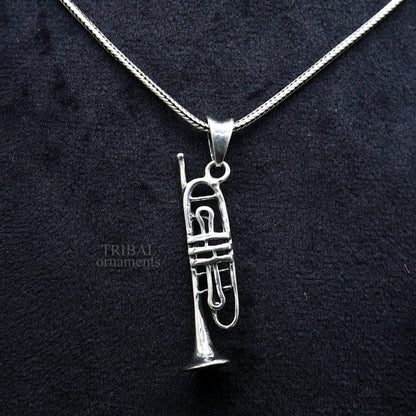 925 sterling silver trumpet pendant, tribal ornaments jewelry, detailed musical instrument charm for necklace or gift.