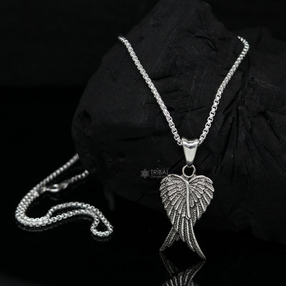 925 sterling silver bird wing pendant, tribal ornaments jewelry featuring a detailed bird feather design on a silver necklace.