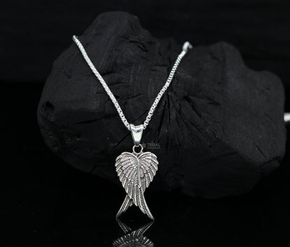 925 sterling silver bird wing pendant with detailed feather design, tribal ornaments animal jewelry, silver wing necklace.