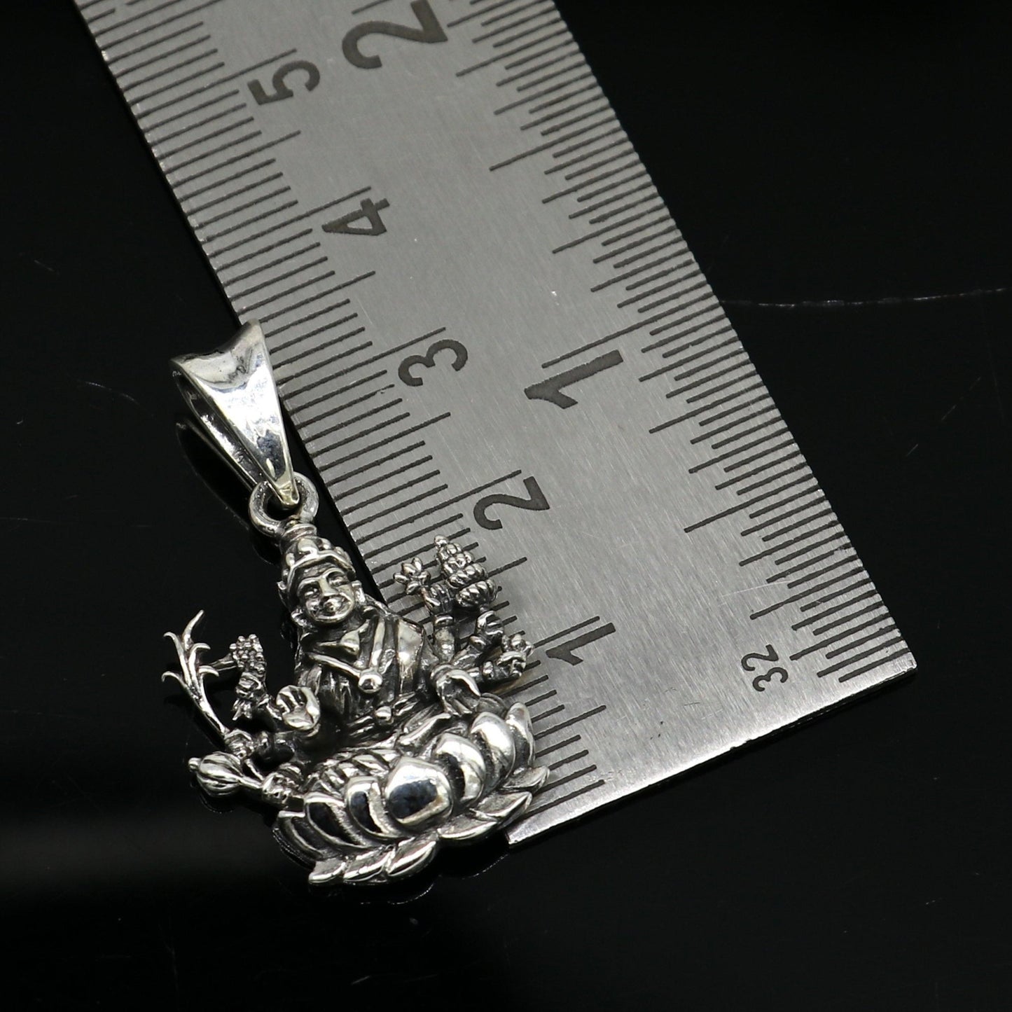 925 sterling silver Goddess Laxmi Mataji pendant with intricate tribal design, personalized jewelry by TRIBAL ORNAMENTS.