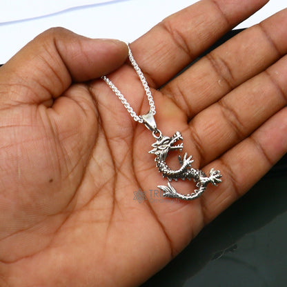 Unisex 925 sterling silver Dragon design pendant necklace by TRIBAL ORNAMENTS, featuring a unique cultural jewelry style.