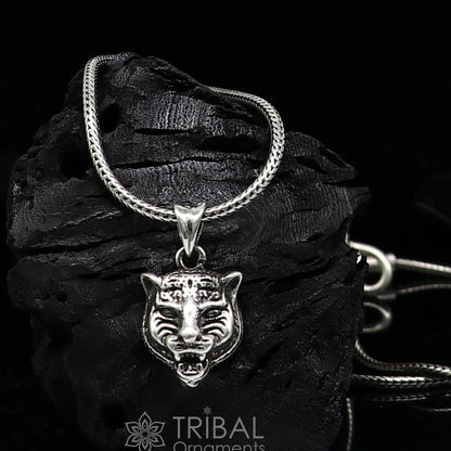 925 sterling silver lion face pendant from Tribal Ornaments, featuring a detailed animal jewelry design with a forest king motif.