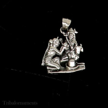 Sterling silver Lord Shiva, Parwati, and Nandi Maharaj pendant with Shiva Lingam, crafted by TRIBAL ORNAMENTS.