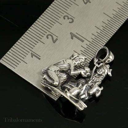 925 sterling silver Lord Shiva, Parvati, and Nandi Maharaj pendant featuring Shiva Lingam, tribal-style jewelry from TRIBAL ORNAMENTS.