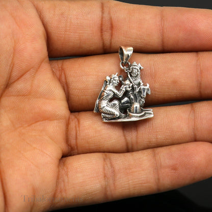 925 sterling silver Lord Shiva, Parwati, and Nandi Maharaj pendant with Shiva Lingam, tribal design, Shiv Darbar jewelry.
