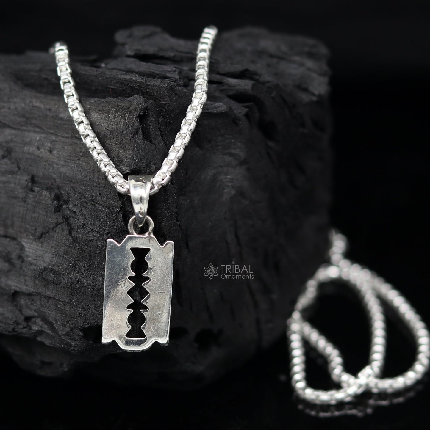 925 sterling silver Razor Blade pendant necklace by TRIBAL ORNAMENTS, unisex jewelry with a unique, cultural razor blade design.