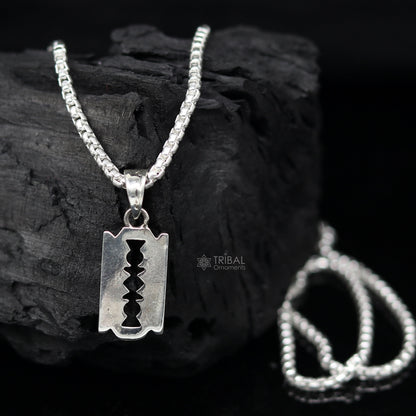 925 sterling silver Razor Blade pendant necklace by TRIBAL ORNAMENTS, unisex jewelry with a unique, cultural razor blade design.