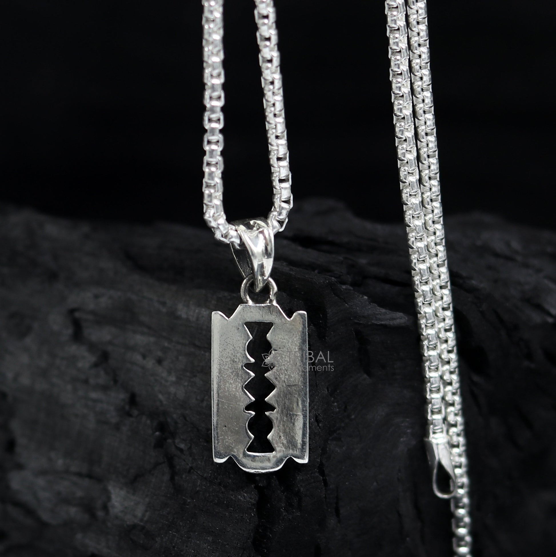 Sterling silver Razor Blade design pendant by TRIBAL ORNAMENTS, unisex jewelry with unique, cultural-inspired razor blade motif.