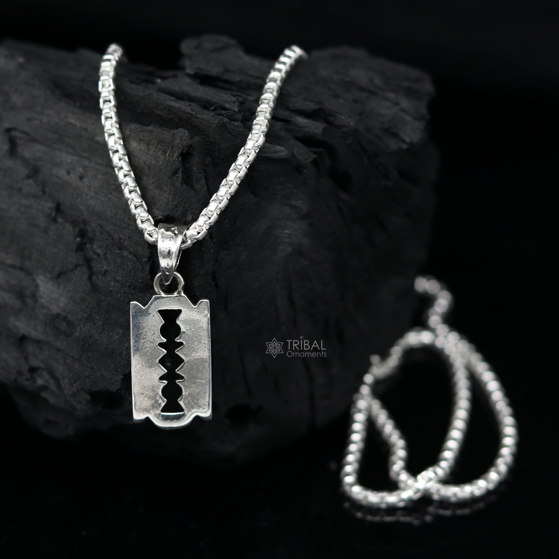 Unisex 925 sterling silver Razor Blade design pendant by TRIBAL ORNAMENTS, featuring a sleek, modern jewelry piece for casual or cultural style.