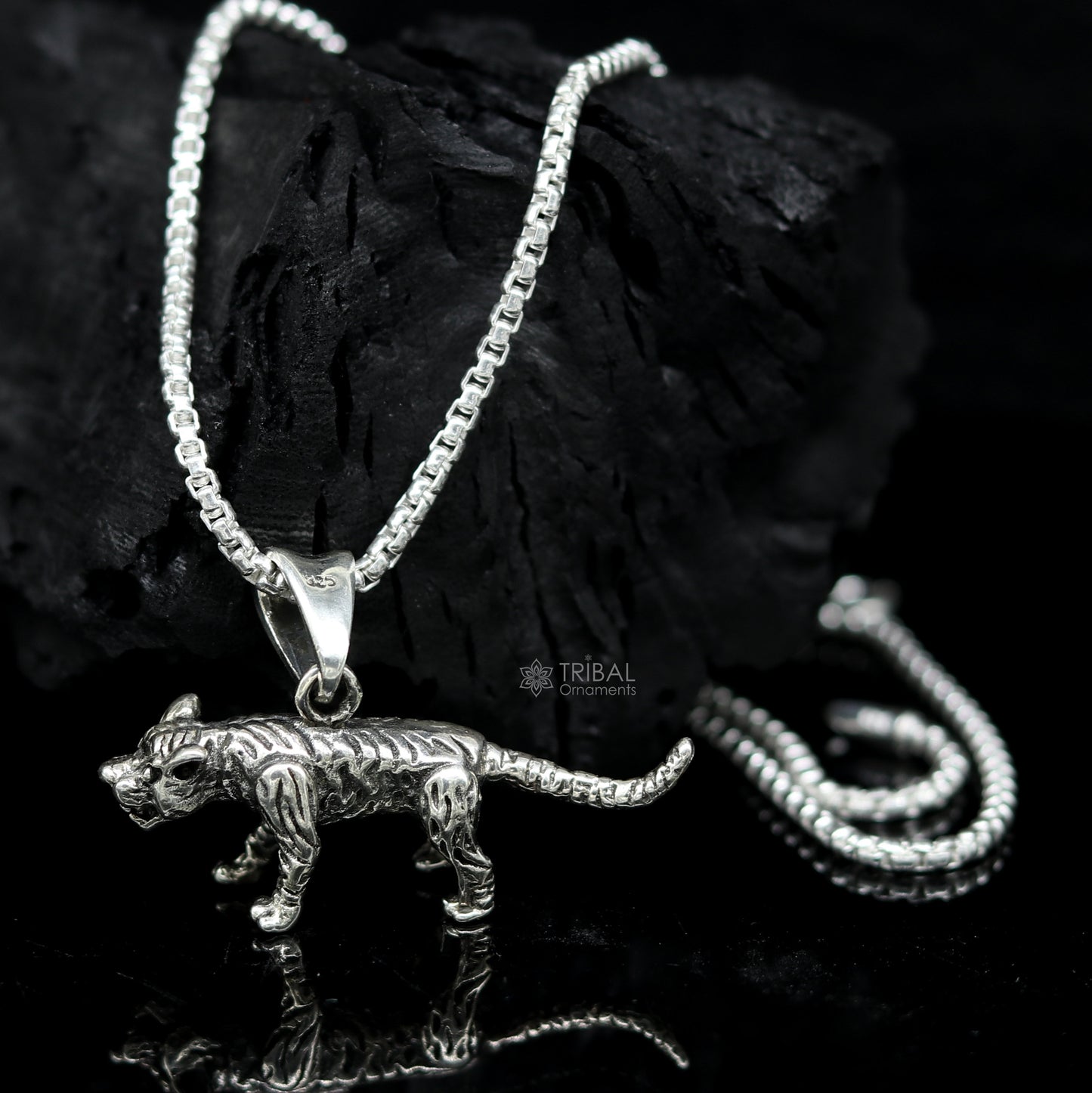 925 sterling silver tiger and lion design pendant necklace, unisex tribal-inspired cultural jewelry by TRIBAL ORNAMENTS