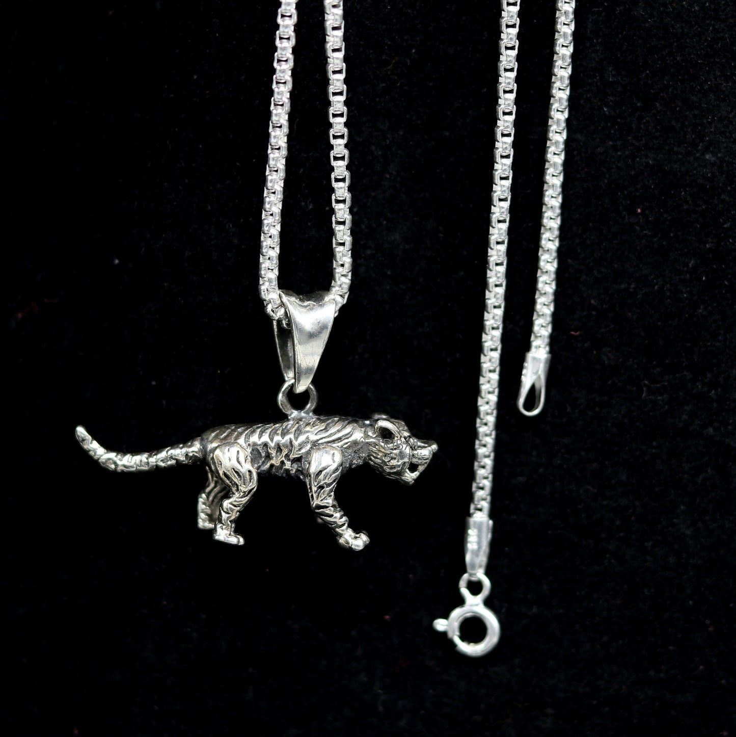 Sterling silver tiger/lion pendant necklace by TRIBAL ORNAMENTS, unisex cultural designer jewelry, detailed animal design.