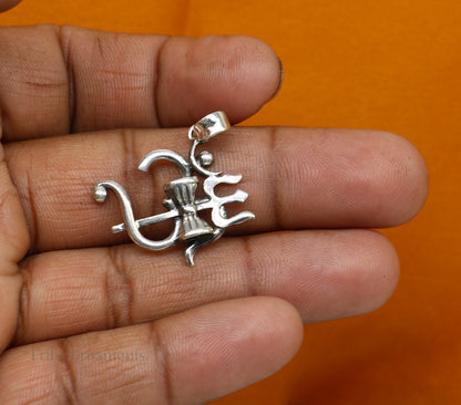925 sterling silver vintage Aum OM pendant with Shiva trident design, unisex jewelry with intricate antique style from TRIBAL ORNAMENTS.