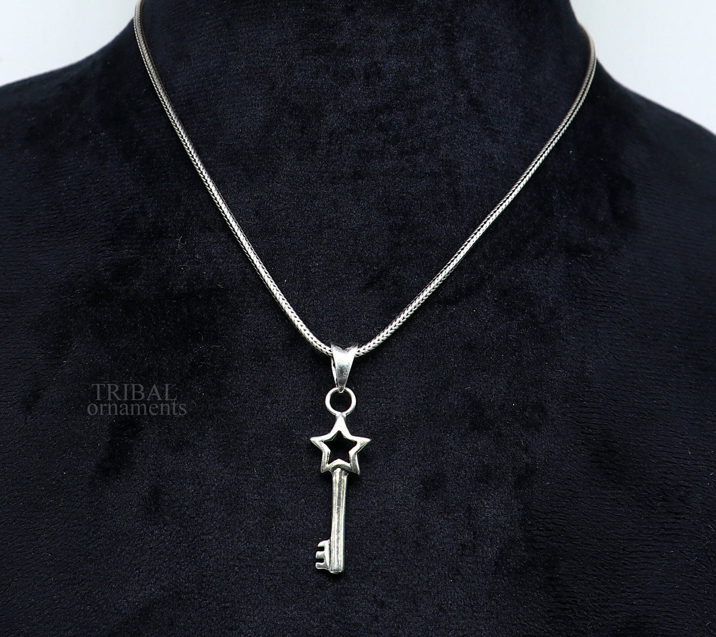 Sterling silver key and lock pendant by Tribal Ornaments, vintage-style handmade jewelry for boys and girls.