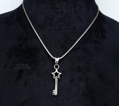 Sterling silver key and lock pendant by Tribal Ornaments, vintage-style handmade jewelry for boys and girls.