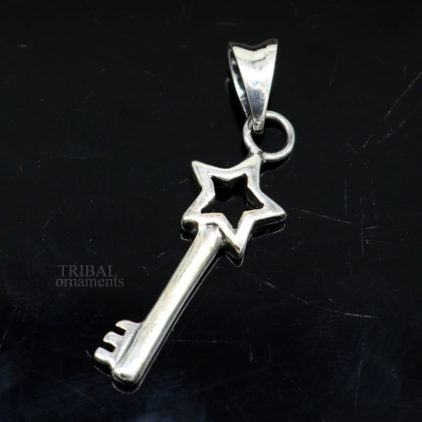 Sterling silver key and lock pendant by TRIBAL ORNAMENTS, vintage-style handmade jewelry for boys and girls.