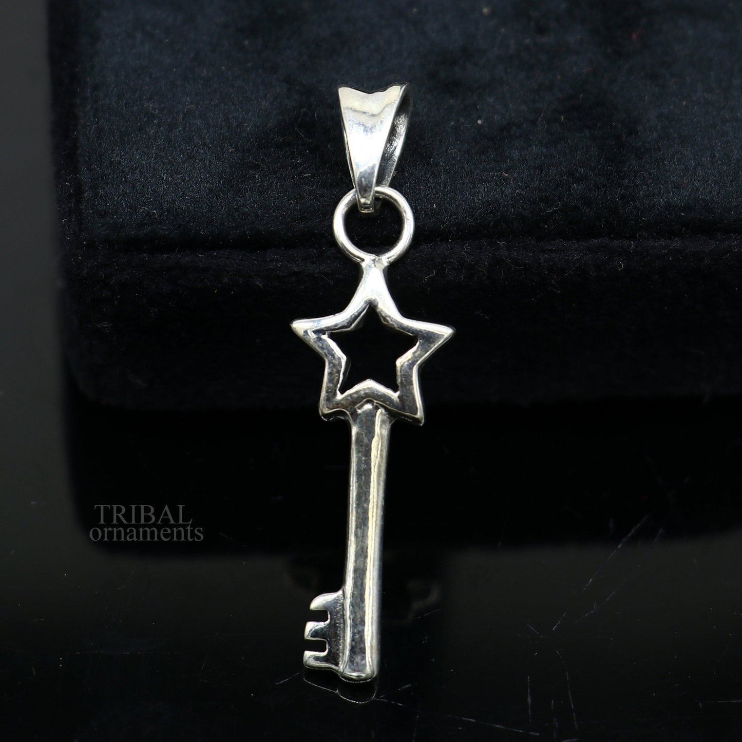 Sterling silver key and lock pendant by Tribal Ornaments, vintage-style handmade jewelry for boys and girls.