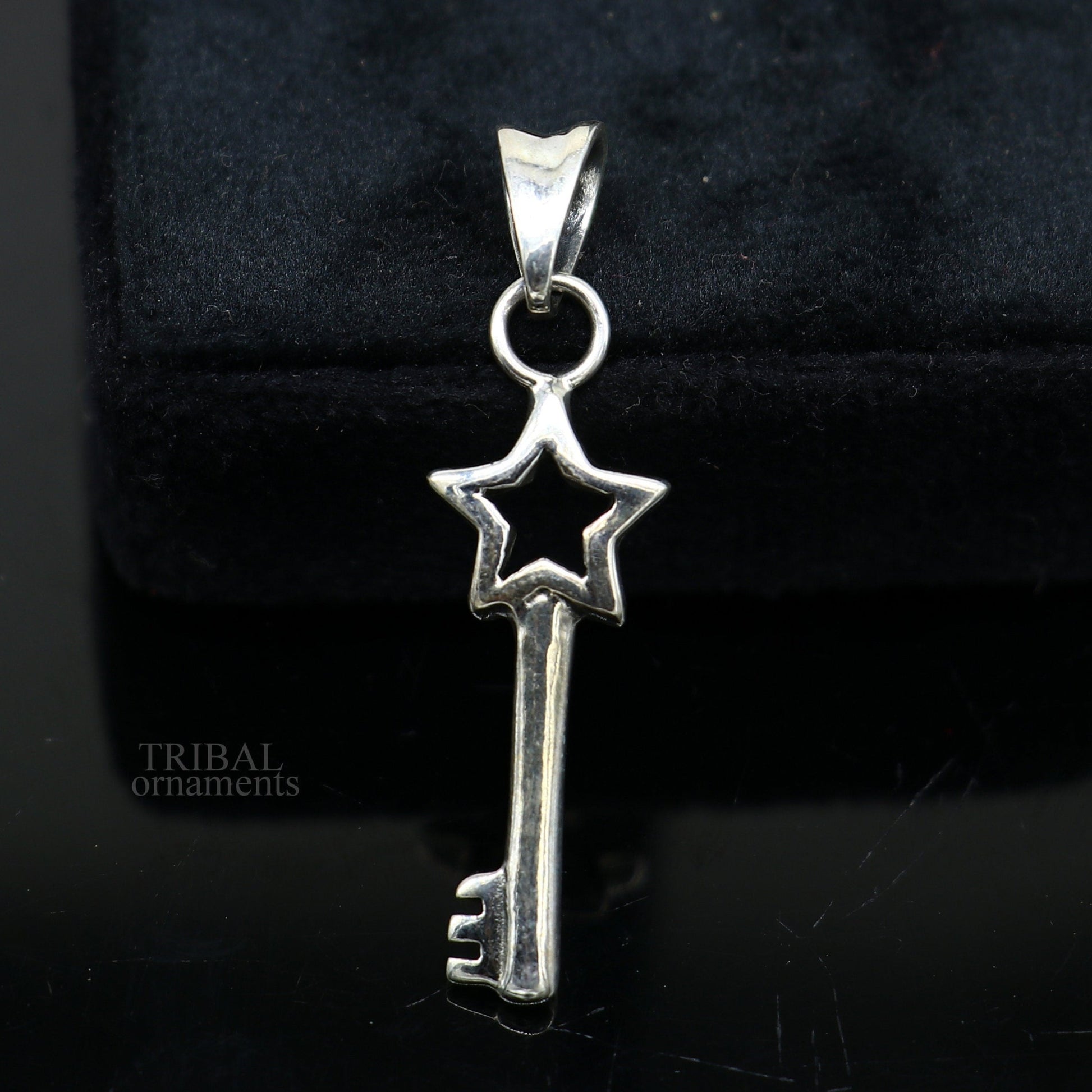 Sterling silver key and lock pendant by Tribal Ornaments, vintage-style handmade jewelry for boys and girls.