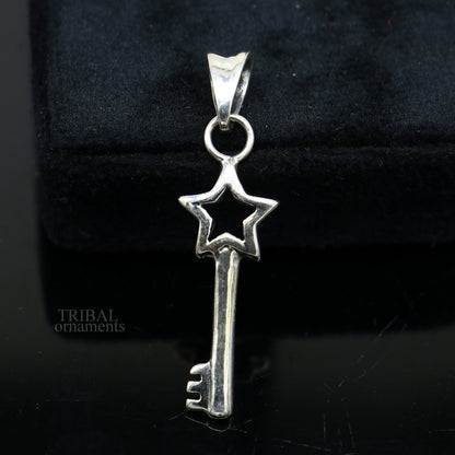 Sterling silver key and lock pendant by Tribal Ornaments, vintage-style handmade jewelry for boys and girls.