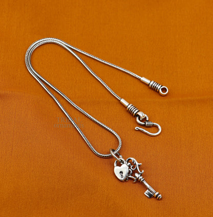 925 sterling silver vintage-style key and lock pendant for boys and girls, handmade tribal ornament jewelry.