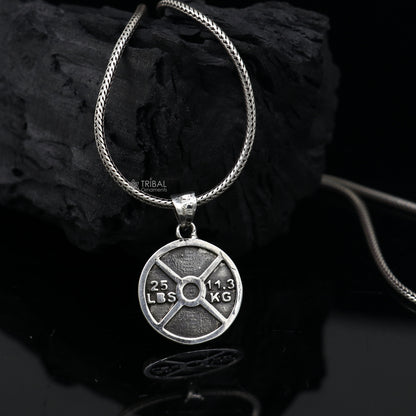 925 sterling silver barbell weight plate pendant from Tribal Ornaments, featuring a handmade gym-inspired design for boys and girls.