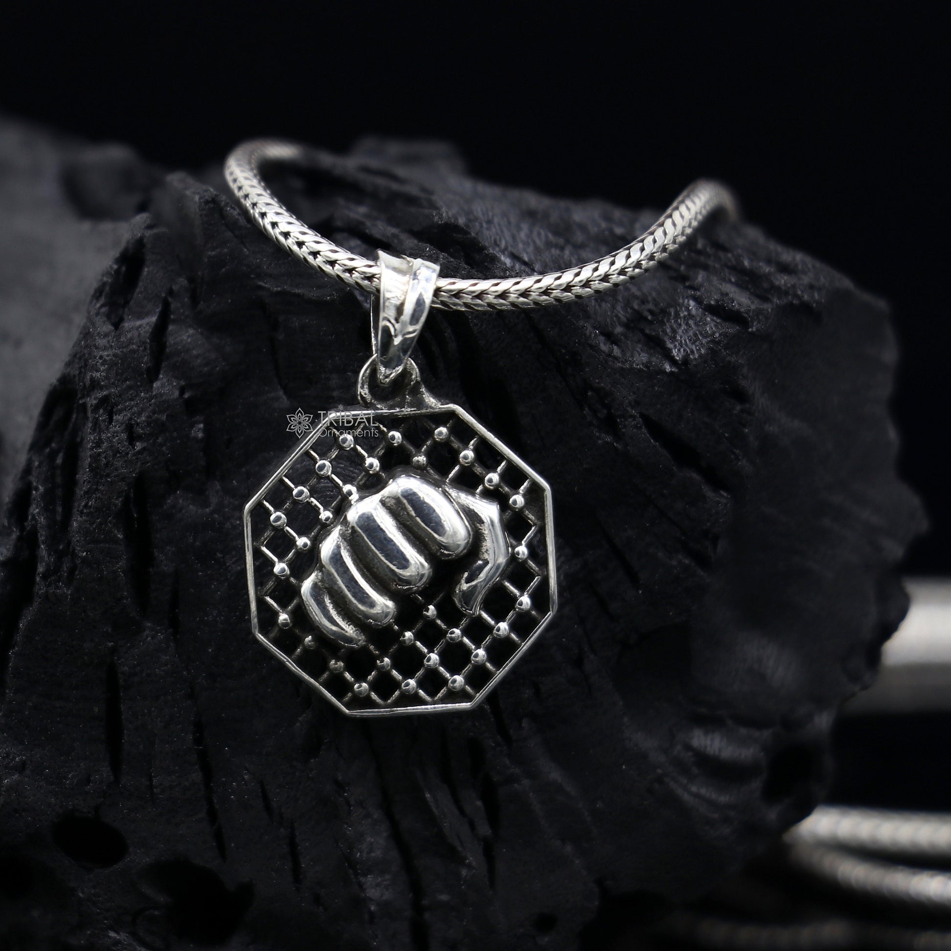 925 sterling silver wrist punch design pendant by Tribal Ornaments, featuring handmade, small pendant for gym boys and girls.