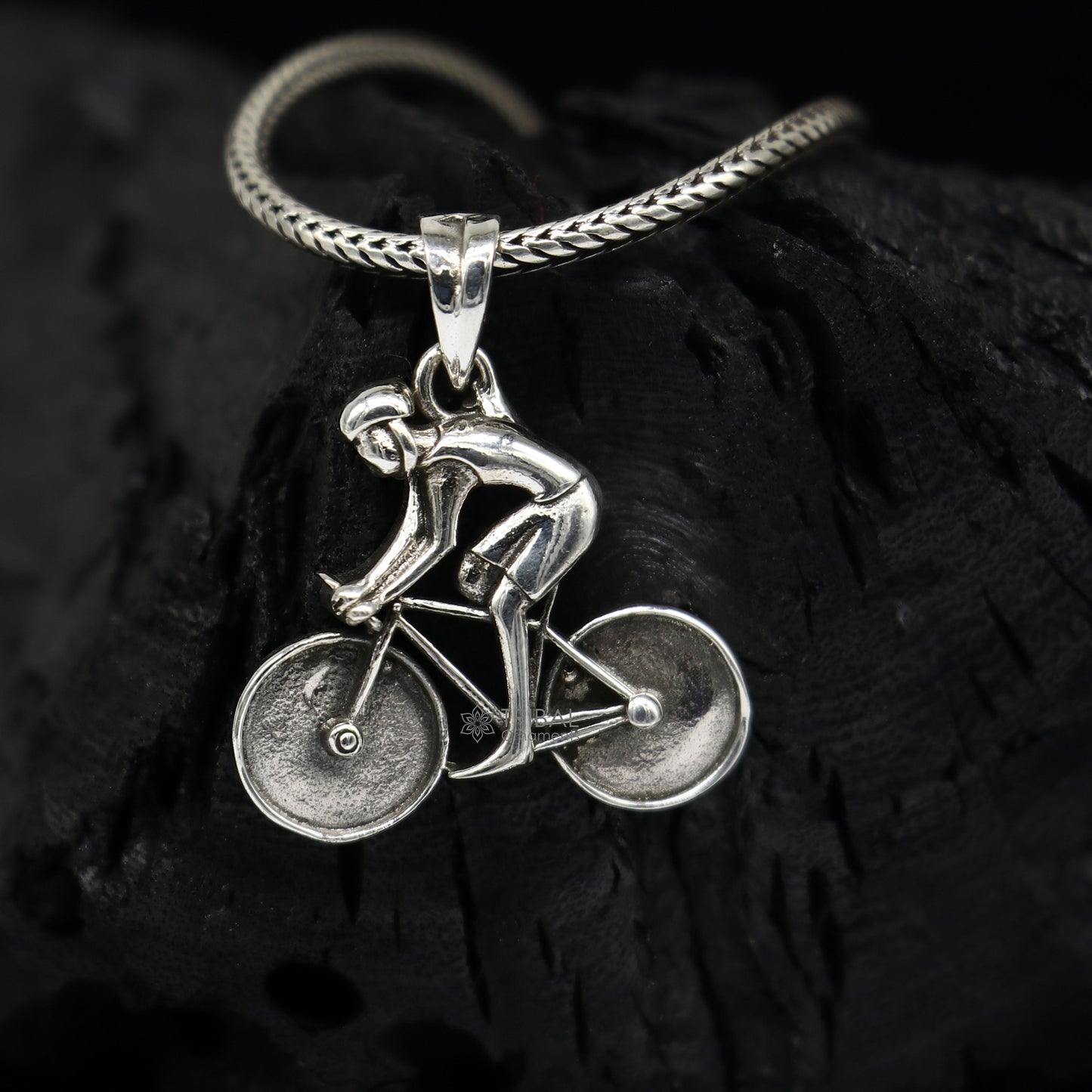 925 Sterling Silver Bicycle Pendant for bicycle lovers, sports jewelry, featuring detailed cyclist and bicycle charm design