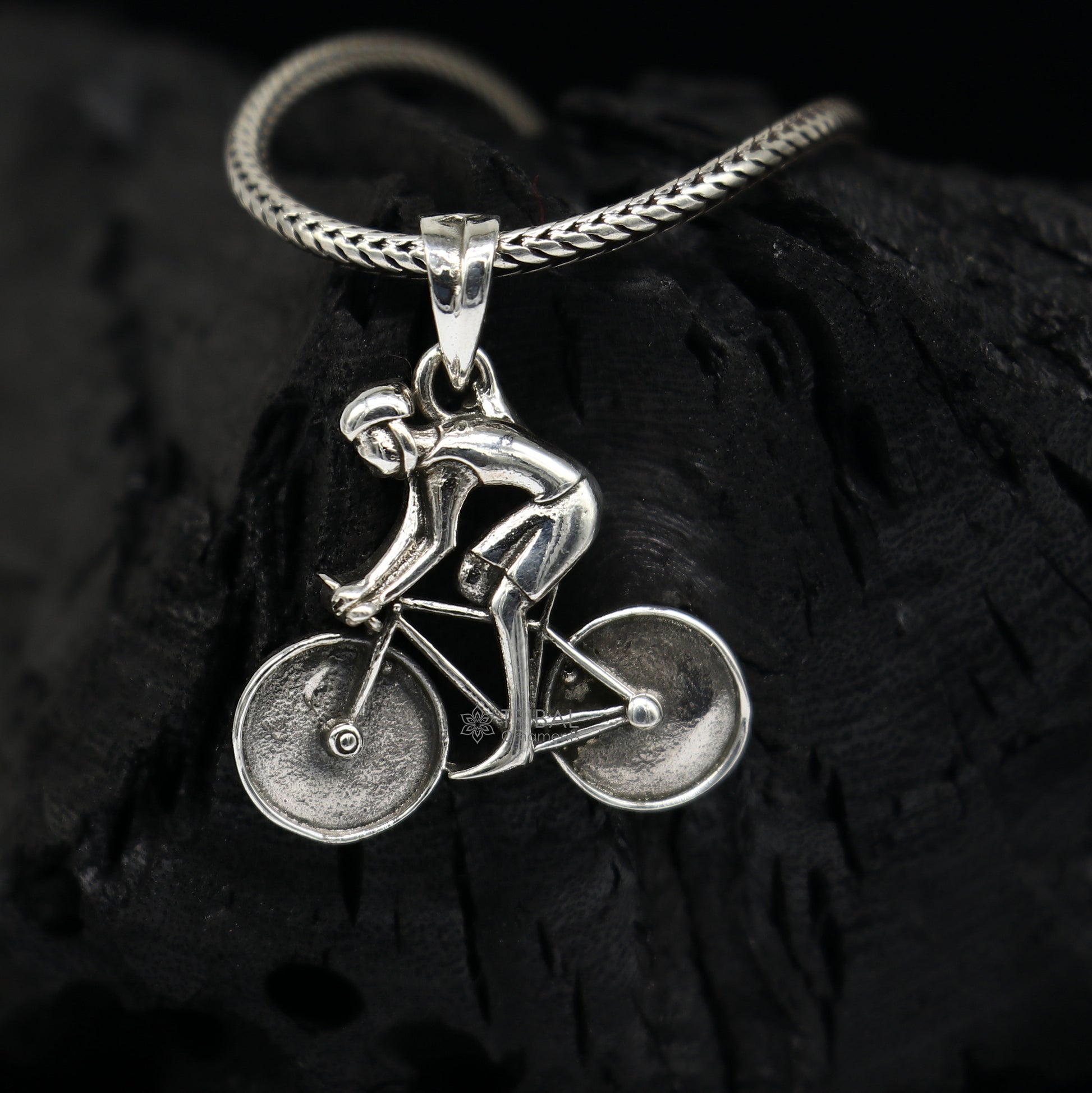 925 Sterling Silver Bicycle Pendant for bicycle lovers, sports jewelry, featuring detailed cyclist and bicycle charm design