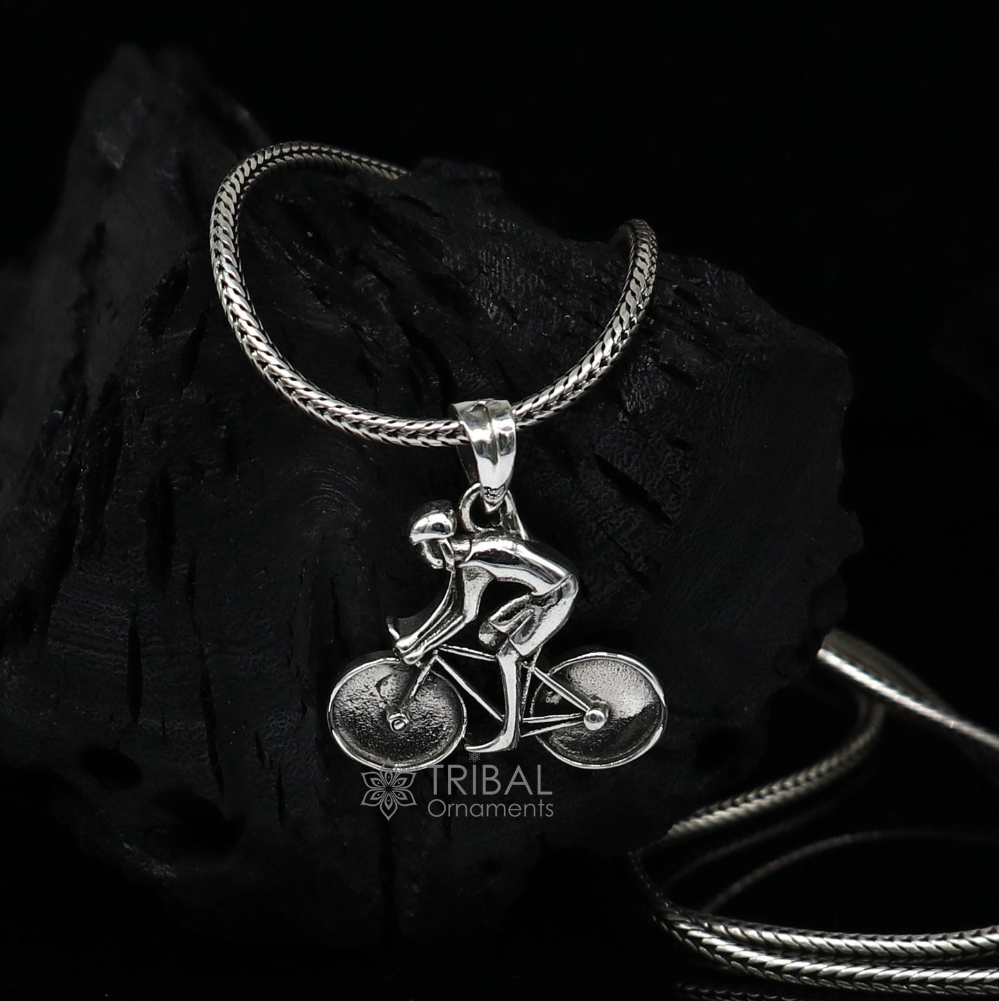 925 Sterling Silver Bicycle Pendant, sports jewelry for bicycle lovers featuring a detailed cyclist design by TRIBAL ORNAMENTS