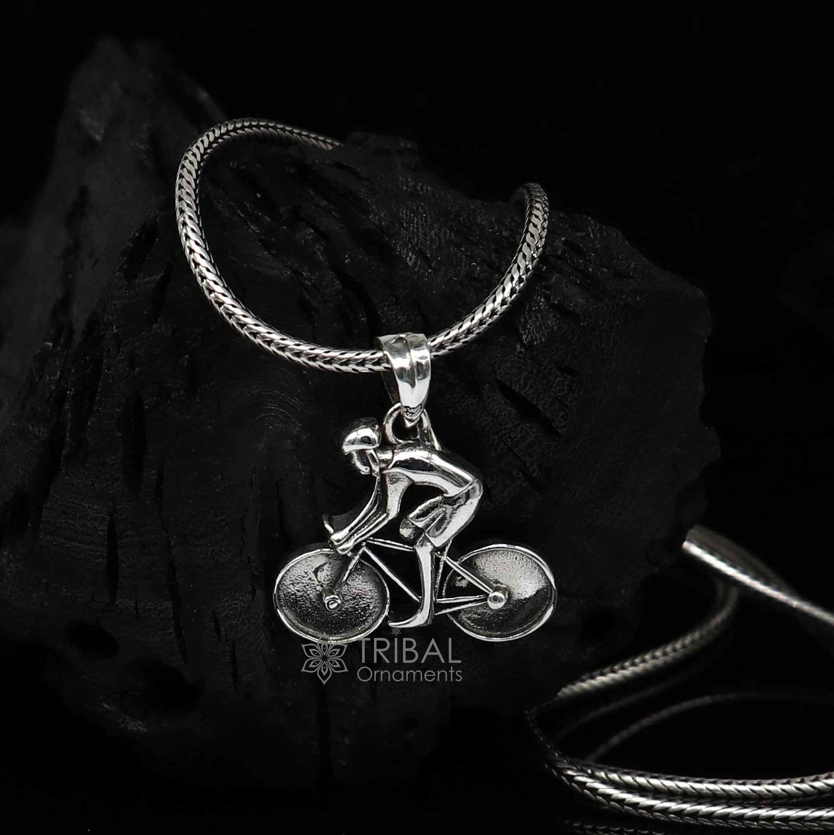 925 Sterling Silver Bicycle Pendant, sports jewelry for bicycle lovers featuring a detailed cyclist design by TRIBAL ORNAMENTS