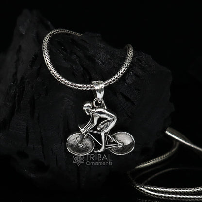 925 Sterling Silver Bicycle Pendant, sports jewelry for bicycle lovers featuring a detailed cyclist design by TRIBAL ORNAMENTS